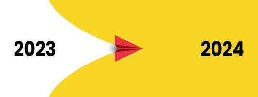 Red airplane flying from Year 2023 to Year 2024 on white and yellow background. New year idea concept with business creativity new idea discovery innovation technology. vector