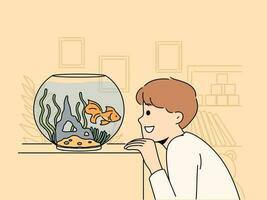 sonriente chico mirando a dorado pescado en acuario. linda pequeño niño Mira a pez de colores en tanque. pasatiempo y infancia. vector ilustración.