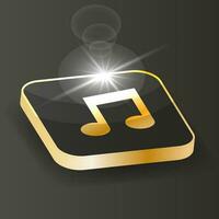 Golden Isometric music note Icon. Melody key sign button on a black background. 3d Vector