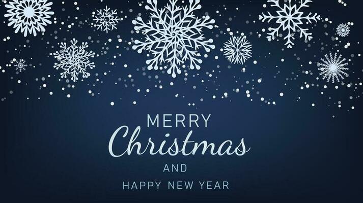 Merry Christmas and Happy New Year text on dark blue background with paper snowflakes