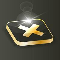 Golden Isometric cross x icon. Error symbol button on a black background. NO button for vote, decision, election choice icon. 3d Vector