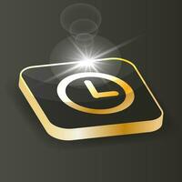 Golden Isometric clock icon. Time symbol button on a black background. 3d Vector