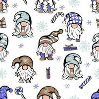 Seamless pattern with cute winter gnomes with hats, gift, candies and snowflakes vector