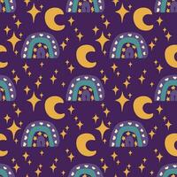 Seamless pattern with rainbow, moon and stars in retro style vector