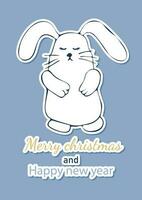 Merry christmas and happy new year sticker. Funny bunny. Holiday greeting card vector