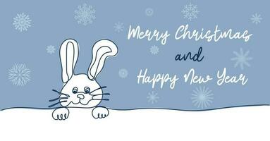 Merry christmas and happy new year greeting card. Funny bunny one continuous line illustration vector