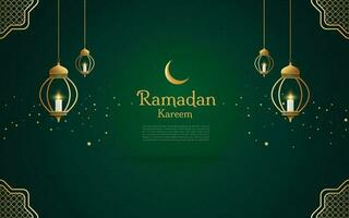 Ramadan Theme Luxury Background with green color Decorated With Typical Arabic Lamp Ornaments. vector