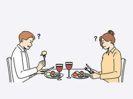 Confused couple sit at table in restaurant eating bad meal at dinner. Distressed man and woman dissatisfied with food in cafe. Vector illustration.