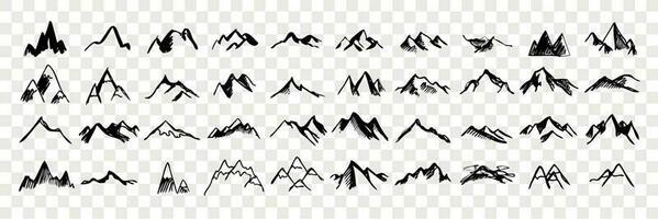 Sketch, hand drawn mountain peaks set collection vector