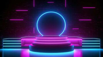 3D abstract background. Neon glowing podium. Empty scene for product presentation. photo