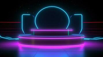 3D abstract background. Neon glowing podium. Empty scene for product presentation. photo