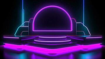 3D abstract background. Neon glowing podium. Empty scene for product presentation. photo