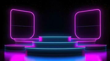 3D abstract background. Neon glowing podium. Empty scene for product presentation. photo