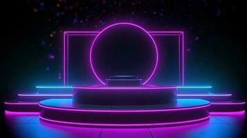 3D abstract background. Neon glowing podium. Empty scene for product presentation. photo