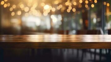Empty wooden table in front of abstract bokeh light background. photo