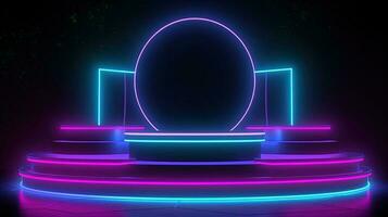 3D abstract background. Neon glowing podium. Empty scene for product presentation. photo