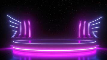 3D abstract background. Neon glowing podium. Empty scene for product presentation. photo