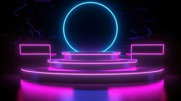 3D abstract background. Neon glowing podium. Empty scene for product presentation. photo