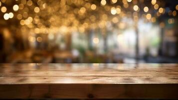 Empty wooden table in front of abstract bokeh light background. photo