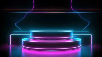 3D abstract background. Neon glowing podium. Empty scene for product presentation. photo