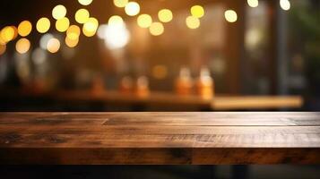 Empty wooden table in front of abstract bokeh light background. photo