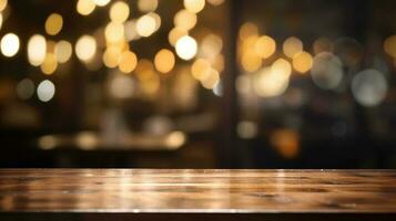 Empty wooden table in front of abstract bokeh light background. photo