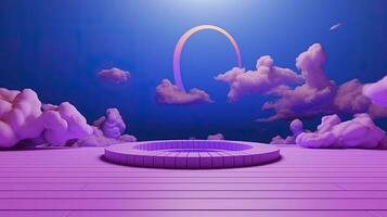 Purple podium in the blue sky with clouds. 3D rendering photo