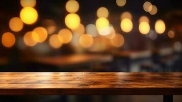 Empty wooden table in front of abstract bokeh light background. photo