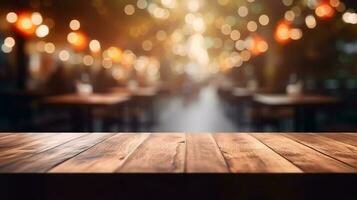 Empty wooden table in front of abstract bokeh light background. photo