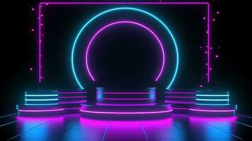 3D abstract background. Neon glowing podium. Empty scene for product presentation. photo