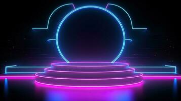 3D abstract background. Neon glowing podium. Empty scene for product presentation. photo