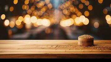 Empty wooden table in front of abstract bokeh light background. photo