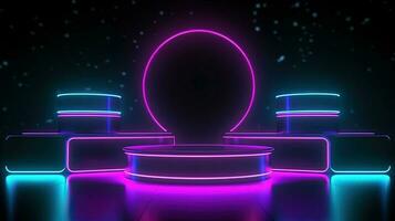 3D abstract background. Neon glowing podium. Empty scene for product presentation. photo