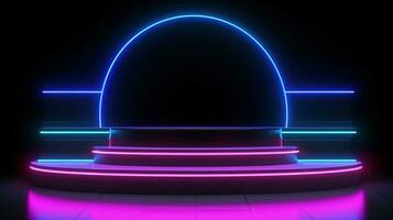 3D abstract background. Neon glowing podium. Empty scene for product presentation. photo