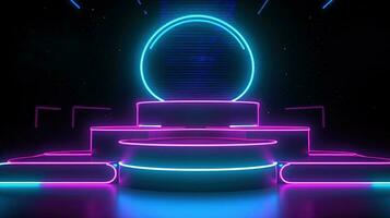 3D abstract background. Neon glowing podium. Empty scene for product presentation. photo