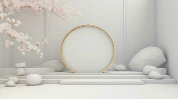 3d render, abstract minimal scene with white podium and cherry blossom flowers photo