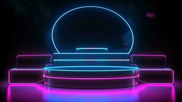 3D abstract background. Neon glowing podium. Empty scene for product presentation. photo