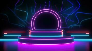 3D abstract background. Neon glowing podium. Empty scene for product presentation. photo