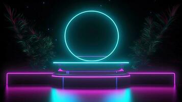 3D abstract background. Neon glowing podium. Empty scene for product presentation. photo