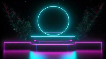 3D abstract background. Neon glowing podium. Empty scene for product presentation. photo