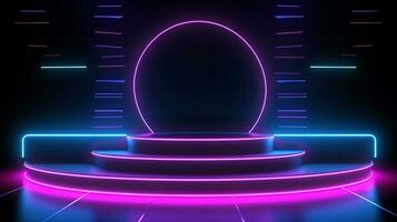 3D abstract background. Neon glowing podium. Empty scene for product presentation. photo