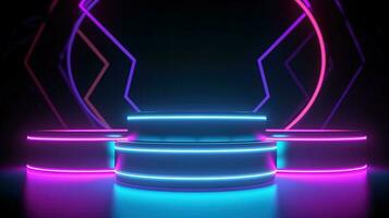 3D abstract background. Neon glowing podium. Empty scene for product presentation. photo