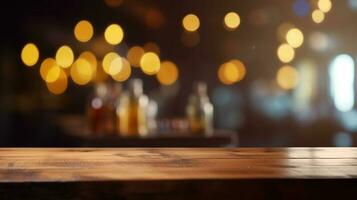 Empty wooden table in front of abstract bokeh light background. photo