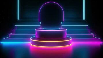 3D abstract background. Neon glowing podium. Empty scene for product presentation. photo