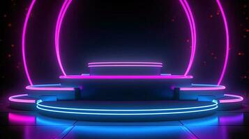 3D abstract background. Neon glowing podium. Empty scene for product presentation. photo
