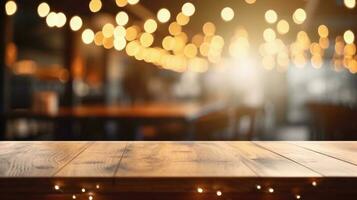 Empty wooden table in front of abstract bokeh light background. photo
