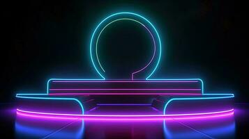 3D abstract background. Neon glowing podium. Empty scene for product presentation. photo