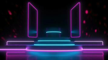3D abstract background. Neon glowing podium. Empty scene for product presentation. photo
