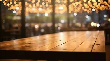 Empty wooden table in front of abstract bokeh light background. photo