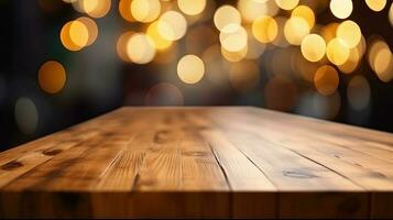 Empty wooden table in front of abstract bokeh light background. photo